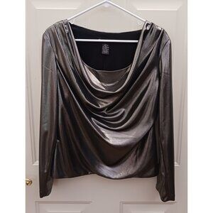 Cachet Top Womens Size Medium Silver Long Sleeve Draped Disco Polyester Metallic